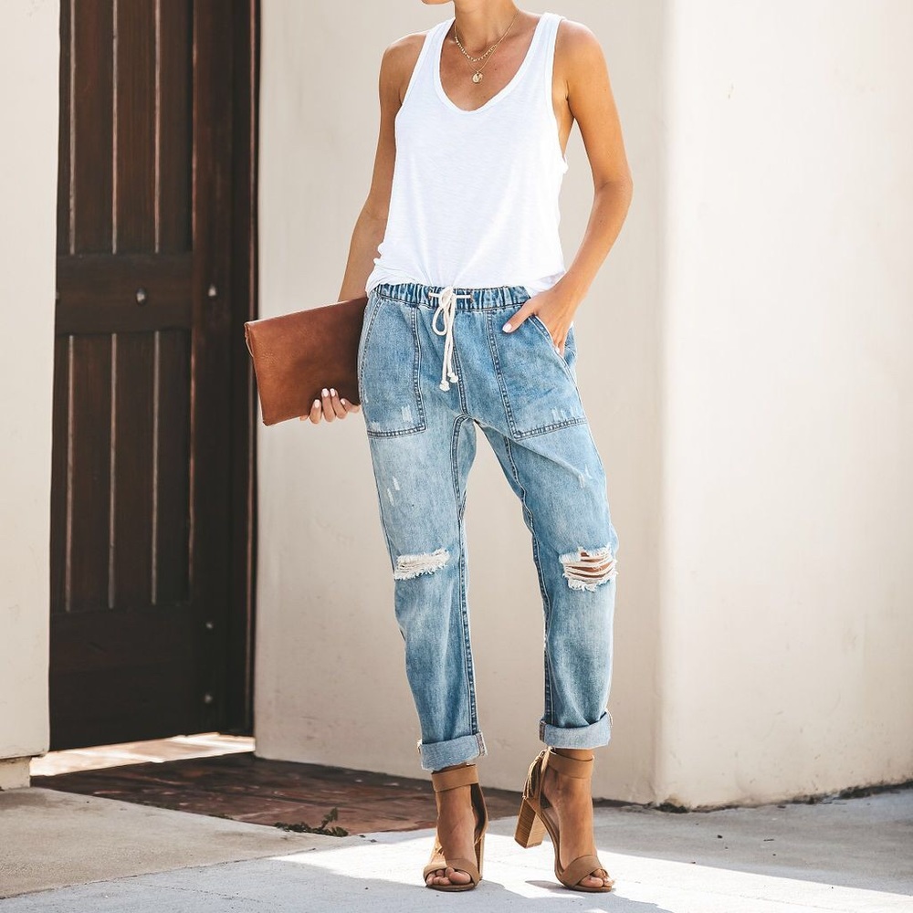 Gather 'Round Distressed Pocketed Denim Joggers